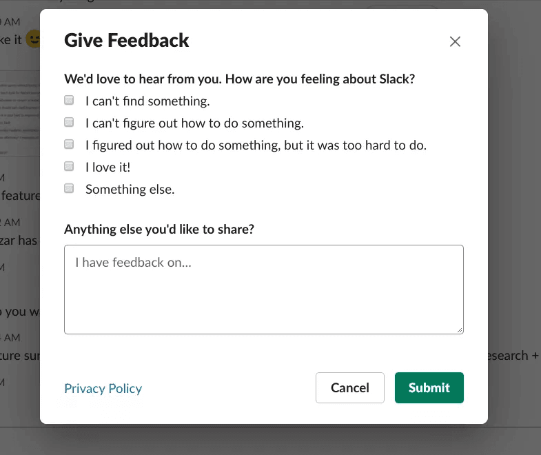 Slack's feedback collection survey
