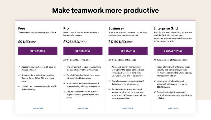 Slack freemium and premium pricing