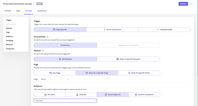 Set survey triggering conditions using Userpilot