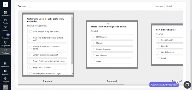 Unolo: Welcome survey created in Userpilot