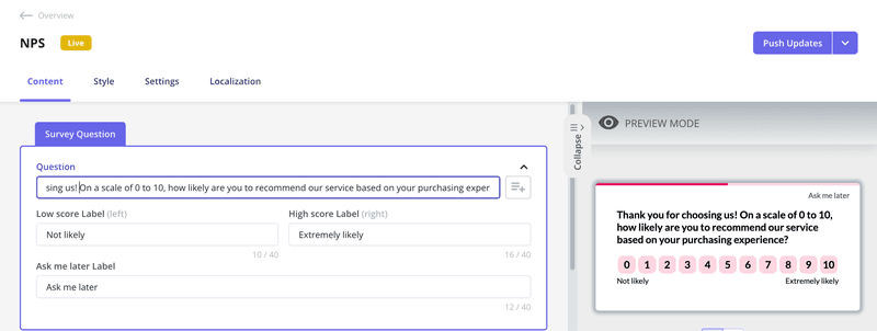 tNPS post-purchase survey question