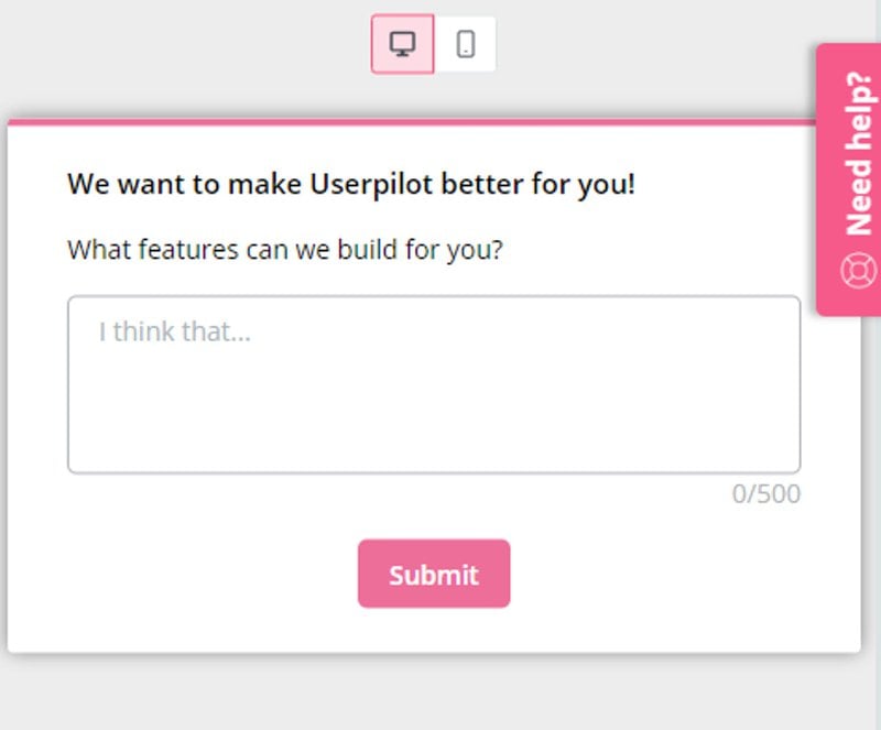 A screenshot of a in-app survey asking what features the user wants built, as part of generative vs evaluative research