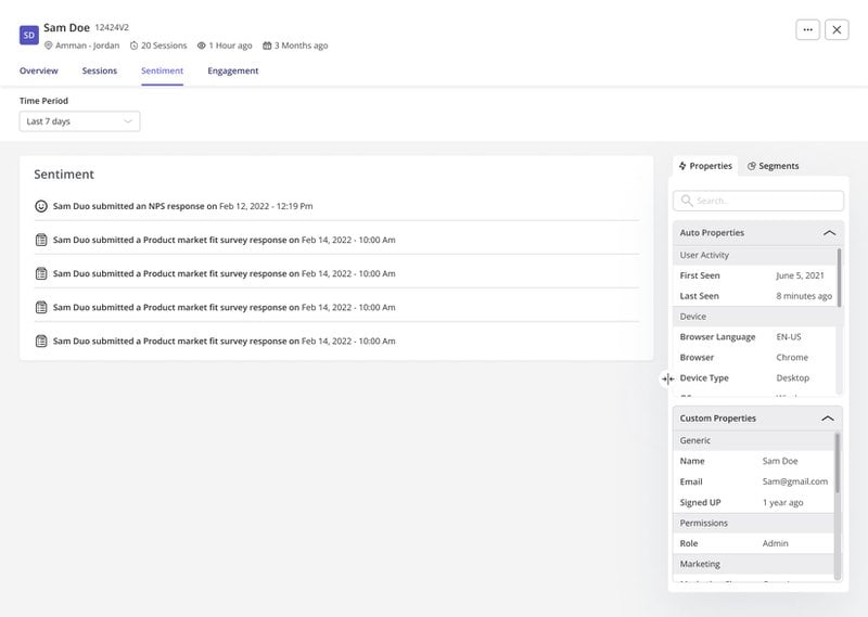A example of a user's submitted user sentiment data that helps you build a customer profile template
