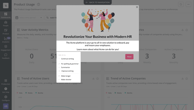 Refining UX microcopy with Userpilot’s AI writing assistant