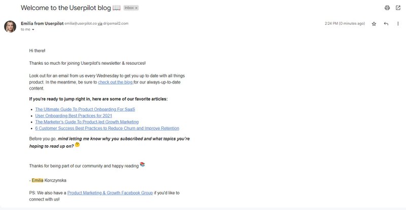 Userpilot blog welcome mail