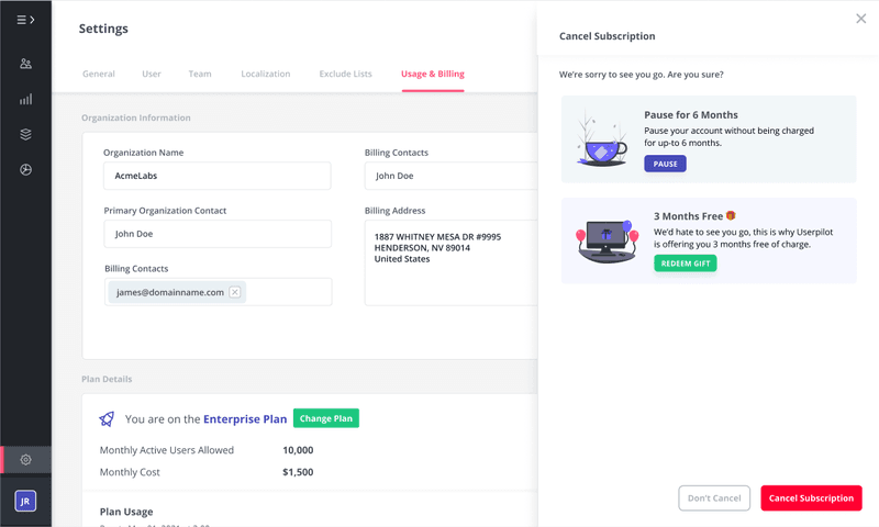 customer success process cancellation alternatives example userpilot