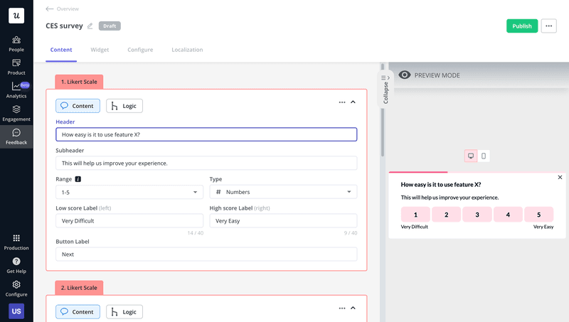 Userpilot customer effort score (CES) survey builder