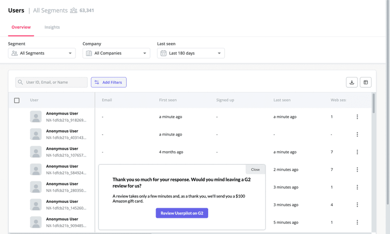 A modal asking users for a review