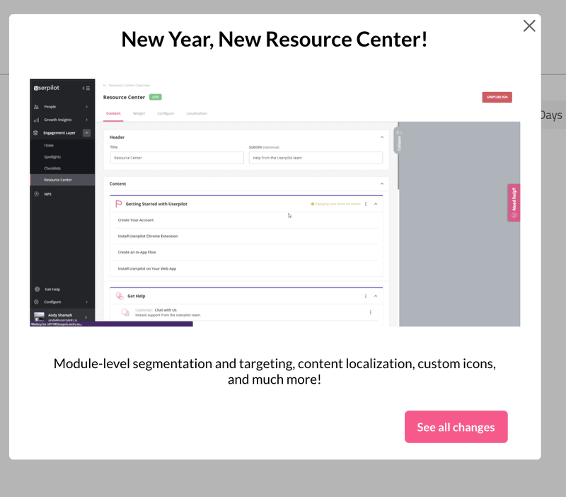 customer success process feature announcement example userpilot