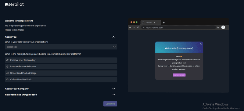 Userpilot sign-up flow for positive user experience