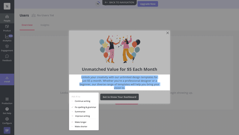 Modal communicating value proposition
