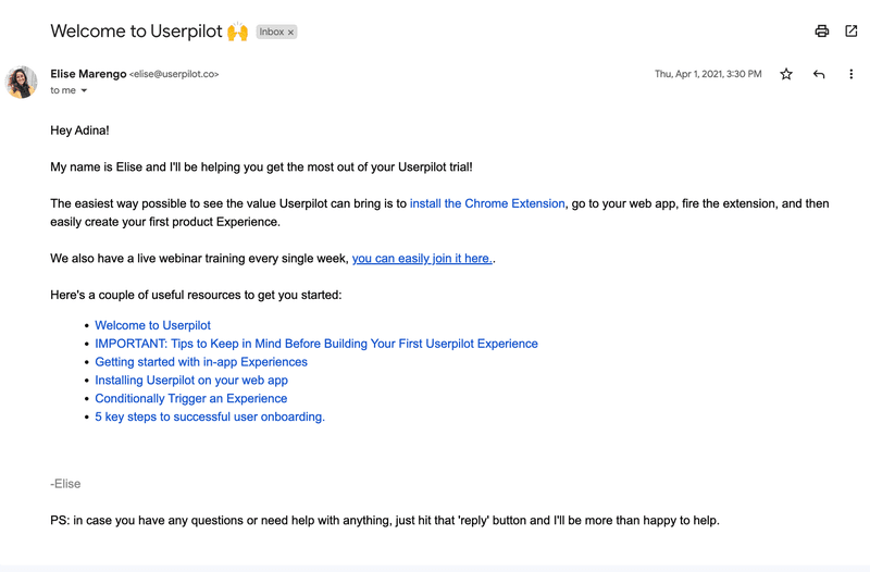 success process welcome email example userpilot