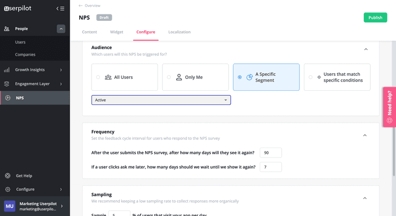 active user segment nps survey example userpilot