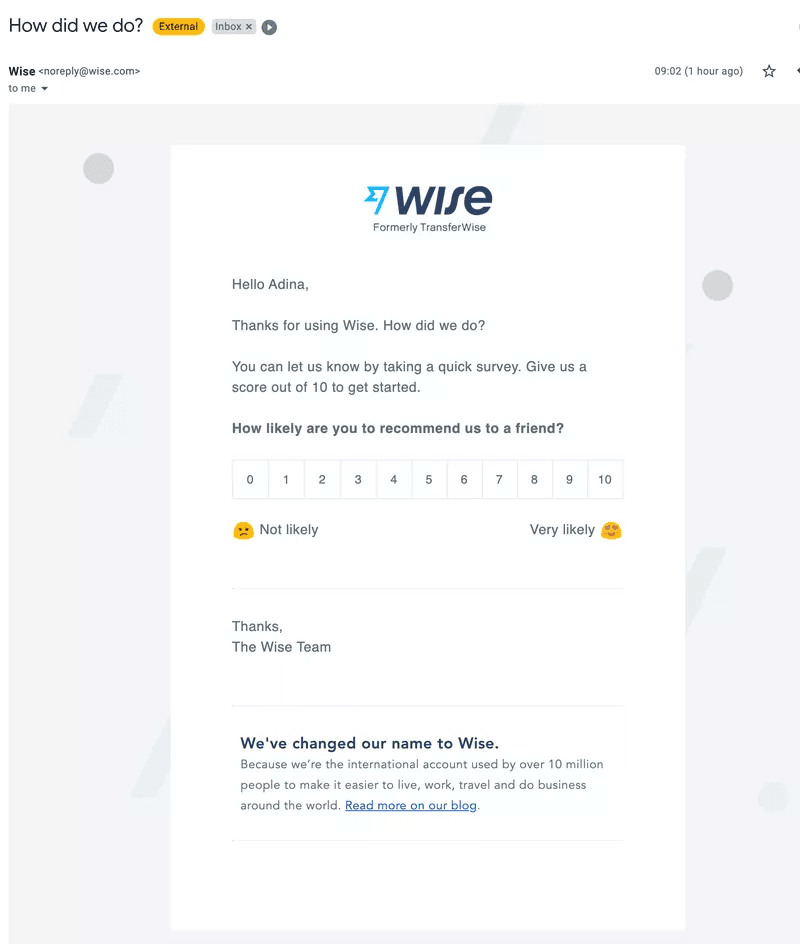 wise's automated survey via email