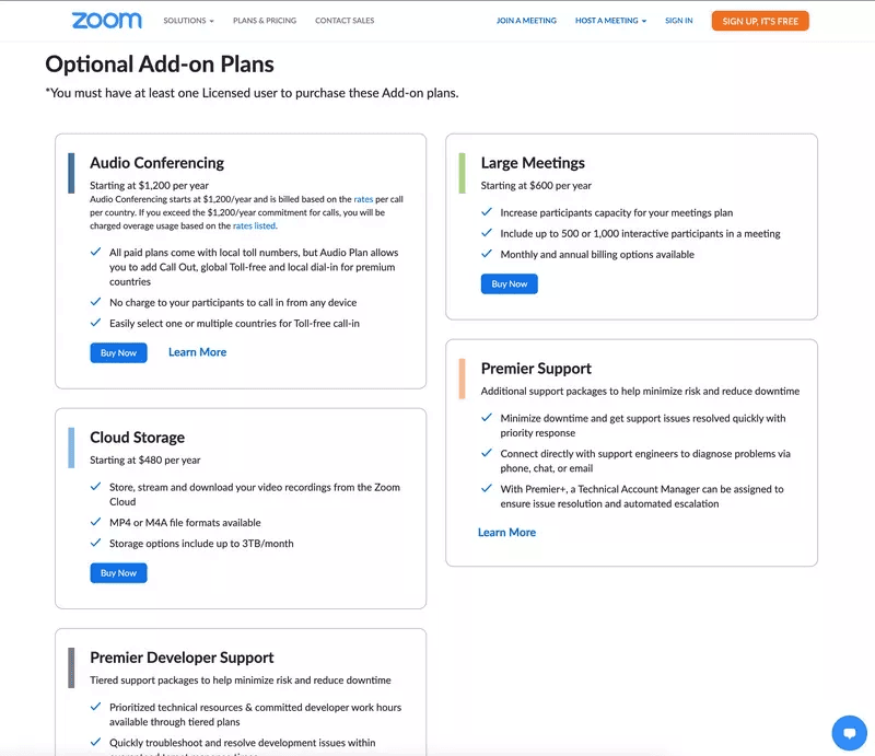 Zoom's add-on plans.