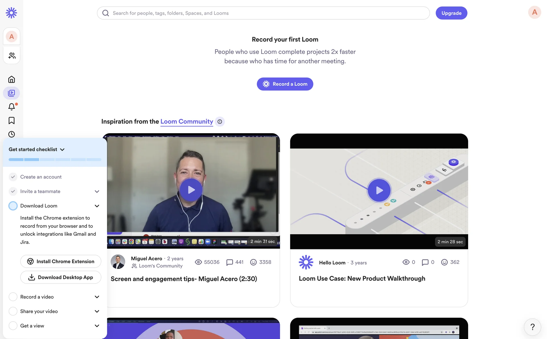 Loom's onboarding prompting users to record their first video.