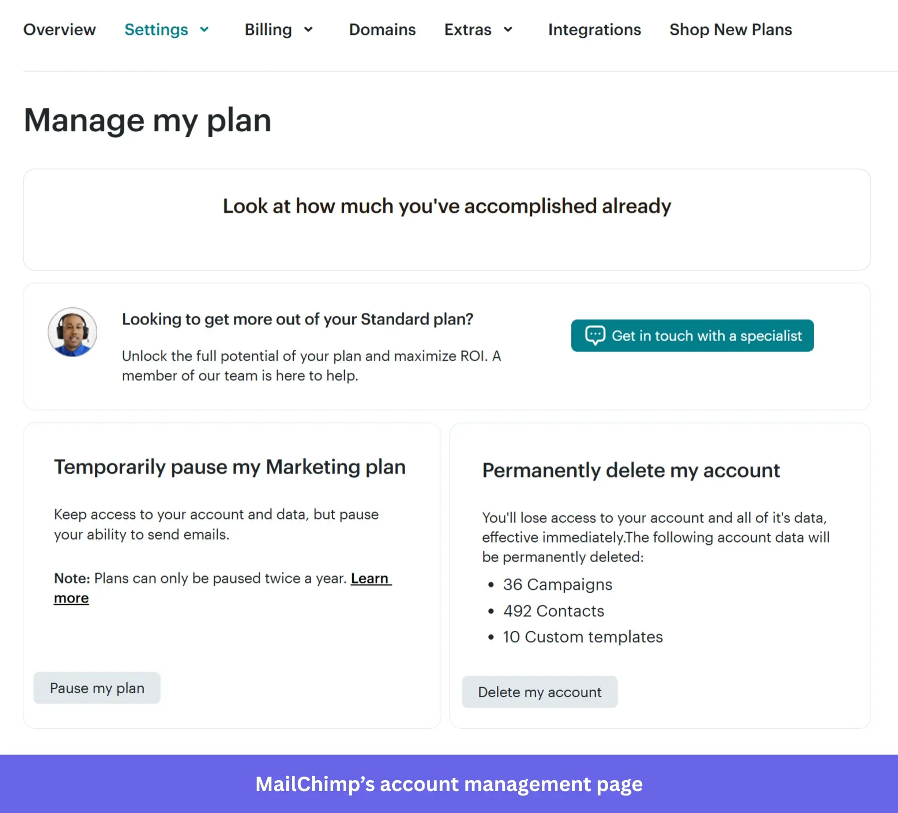 mailchimp uses the account pause option to avoid losing satisfied users who simply need a break.