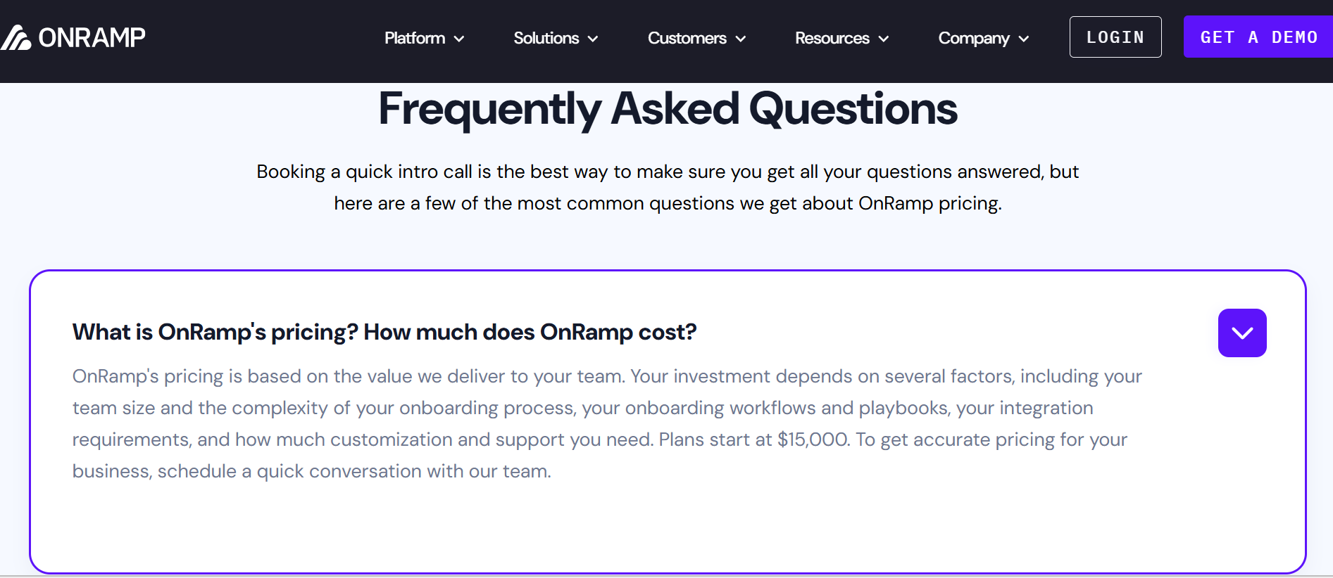 OnRamp pricing page showing the client onboarding software is custom priced.
