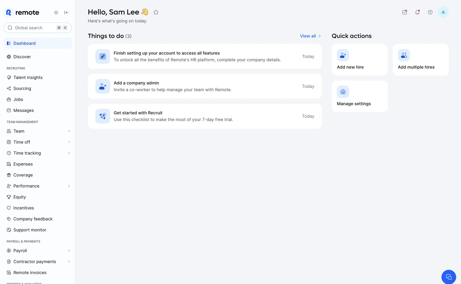 Remote dashboard with onboarding tasks and quick actions panel.