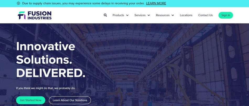 Fusion Industries notification banner for supply chain issues.