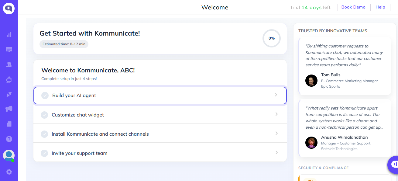 Kommunicate conversation rules setup with chatbot preview and support options.