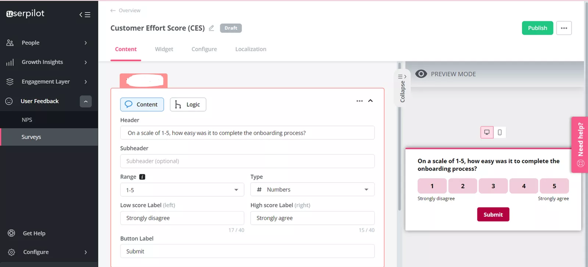 Numerical CES survey created with Userpilot.