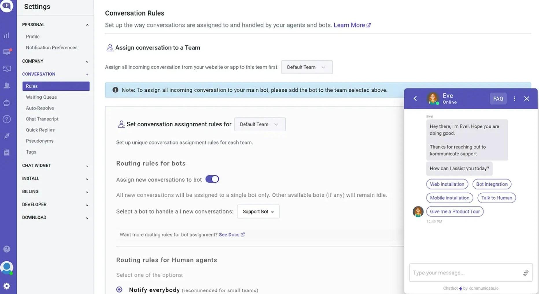 Kommunicate conversation rules setup with chatbot preview and support options.