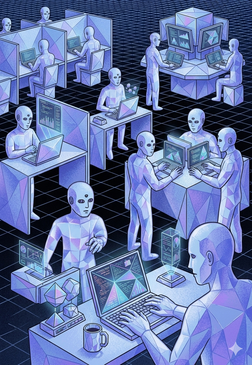 Abstract illustration of AI agents executing tasks inside a SaaS product