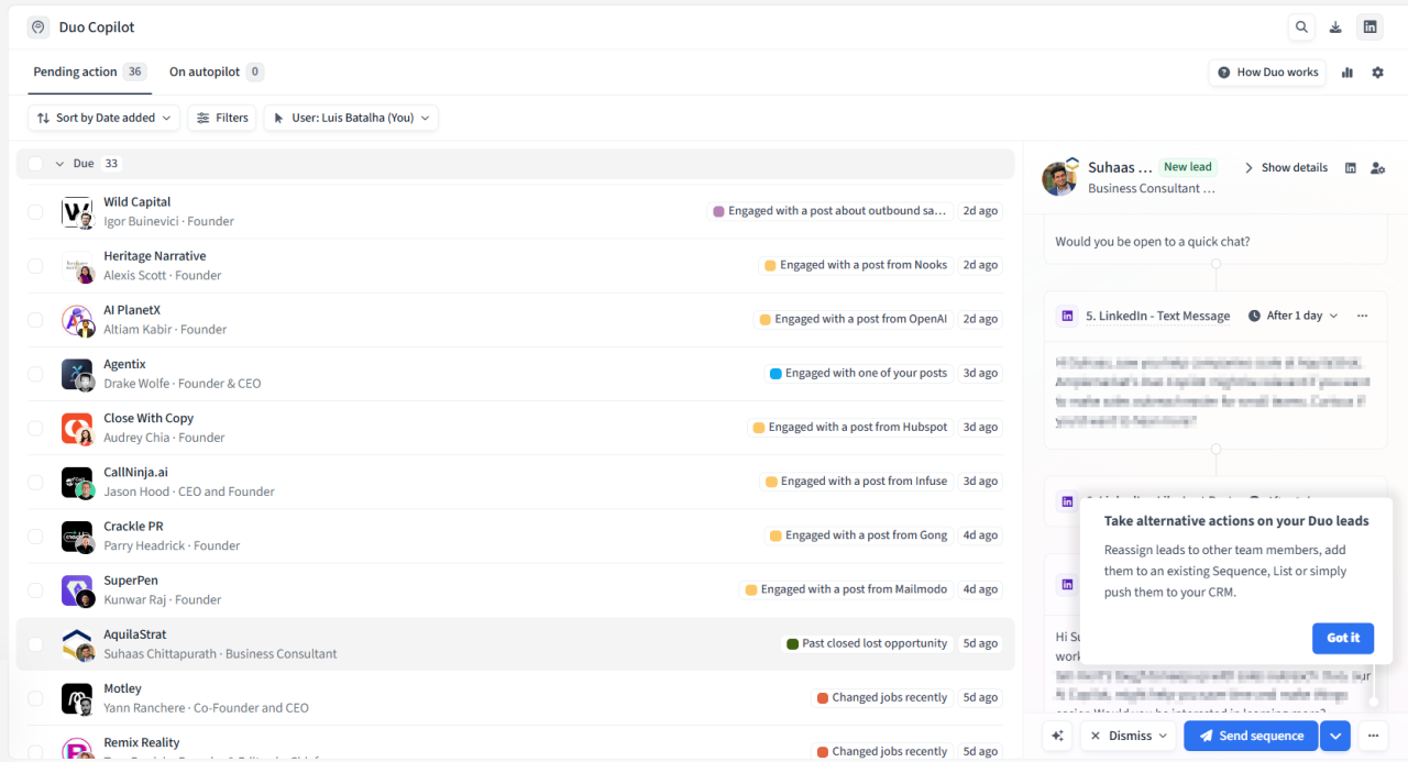 Amplemarket using a tooltip to educate users and deliver a seamless user experience.