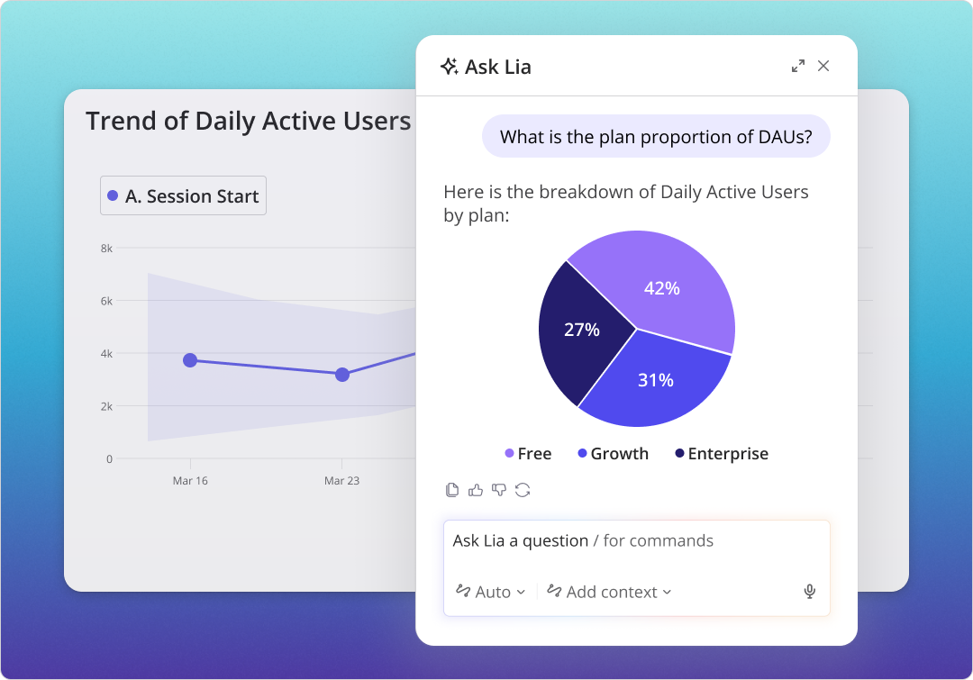 Userpilot's AI agent Lia answering questions inside the product UI