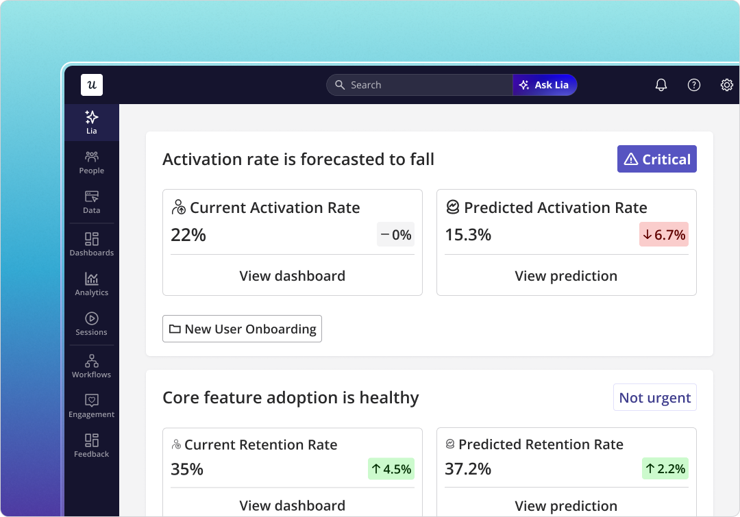Userpilot Lia always-on agent monitoring metrics and recommending action