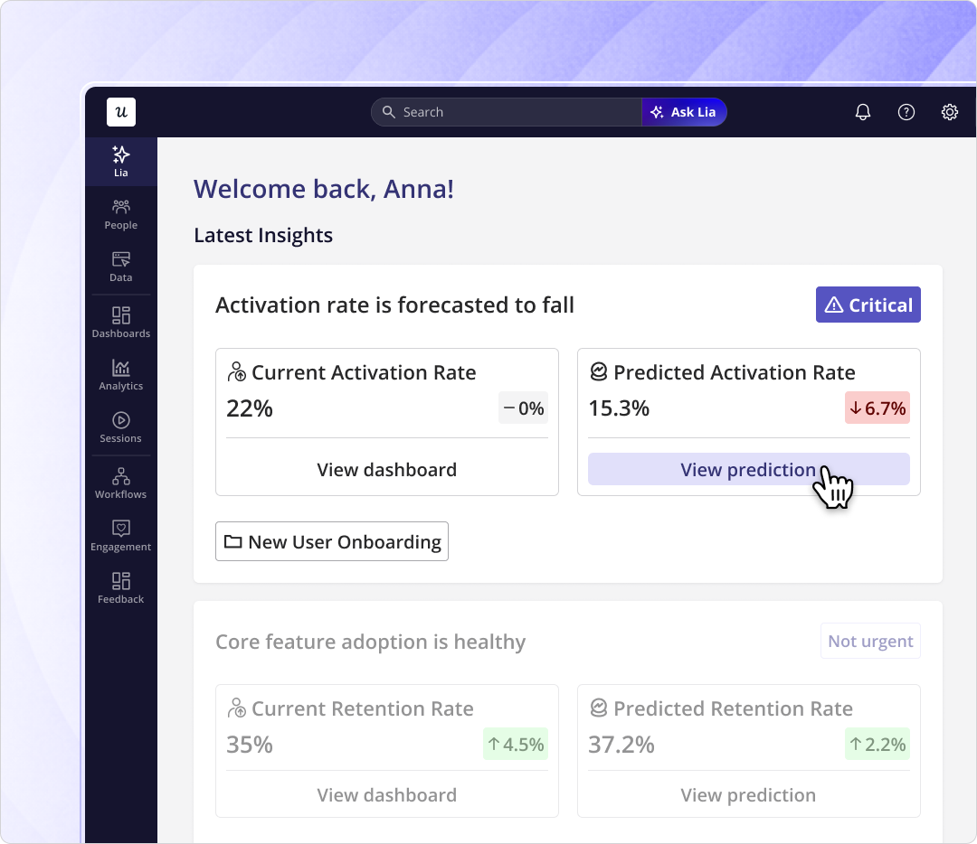 Lia monitoring and predicting outcomes in Userpilot