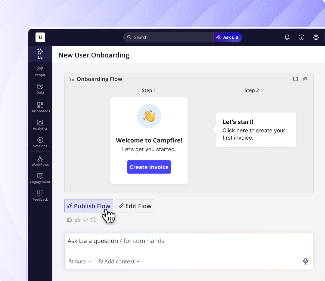 Lia, Userpilot's AI agent, builds in-app onboarding flows autonomously from a single outcome prompt