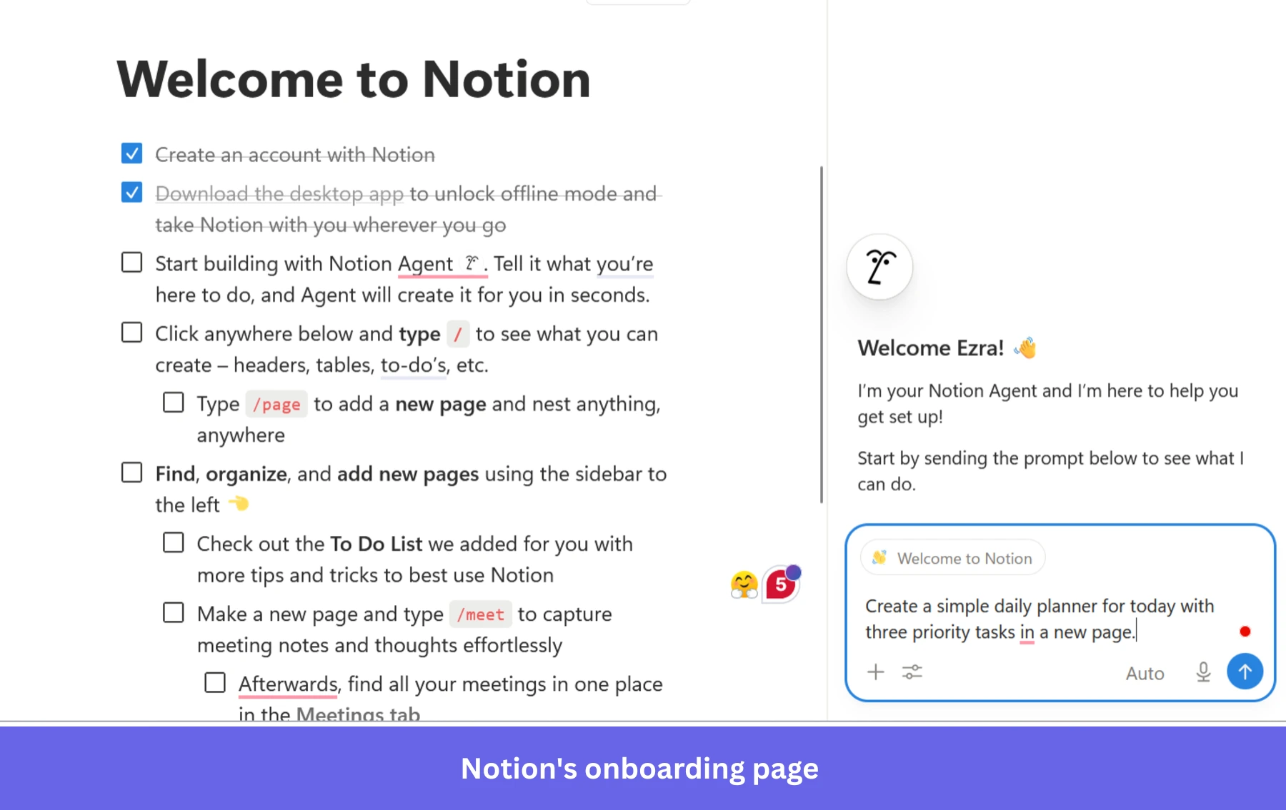 Notion's onboarding page