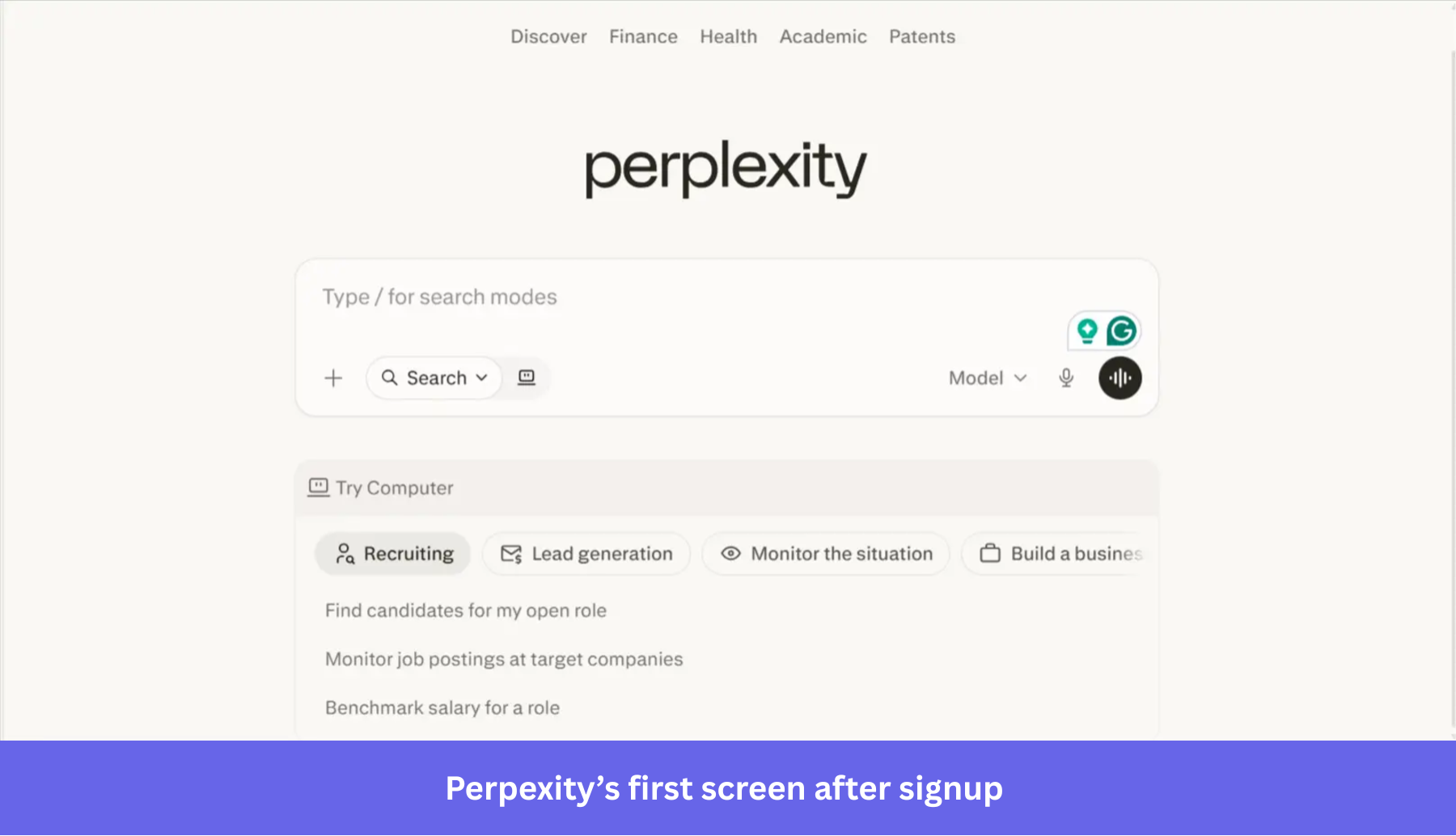 Perplexity first screen after signup example