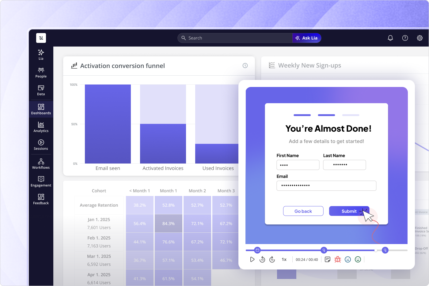 Userpilot product analytics dashboard showing feature adoption and usage trends