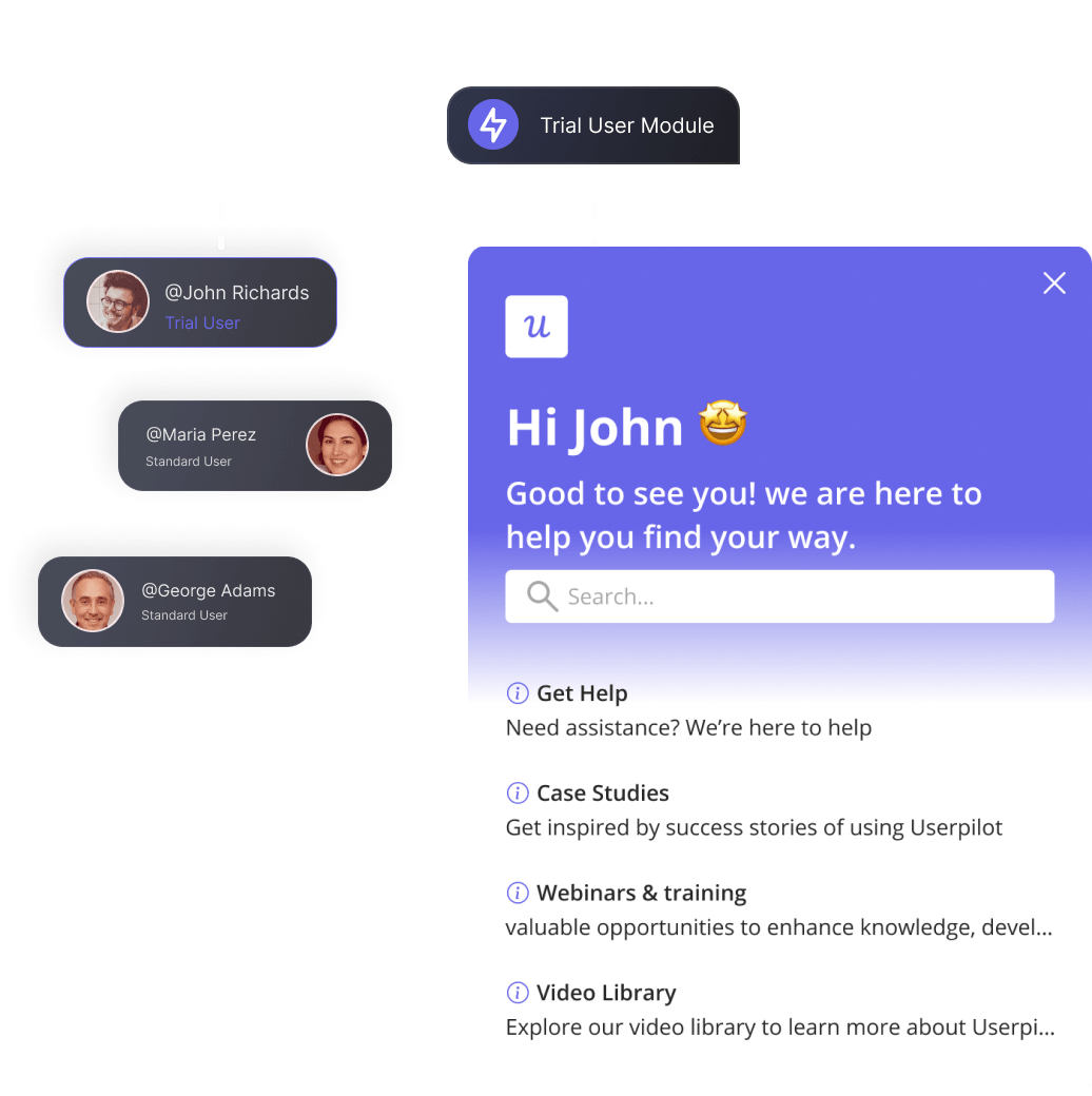 Userpilot in-app resource center providing self-serve support during first-time user experience