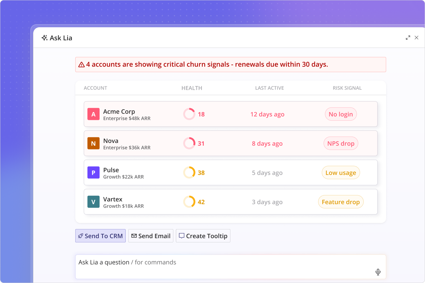 Lia surfacing a churn risk warning to a customer success team in Userpilot before the account cancels
