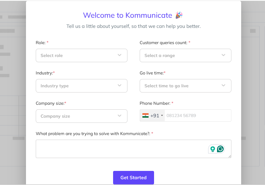 Kommunicate conversation rules setup with chatbot preview and support options.