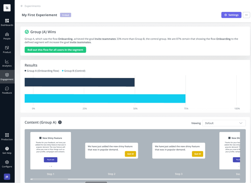 A/B testing inside Userpilot for controlled experimentation on in-product surfaces