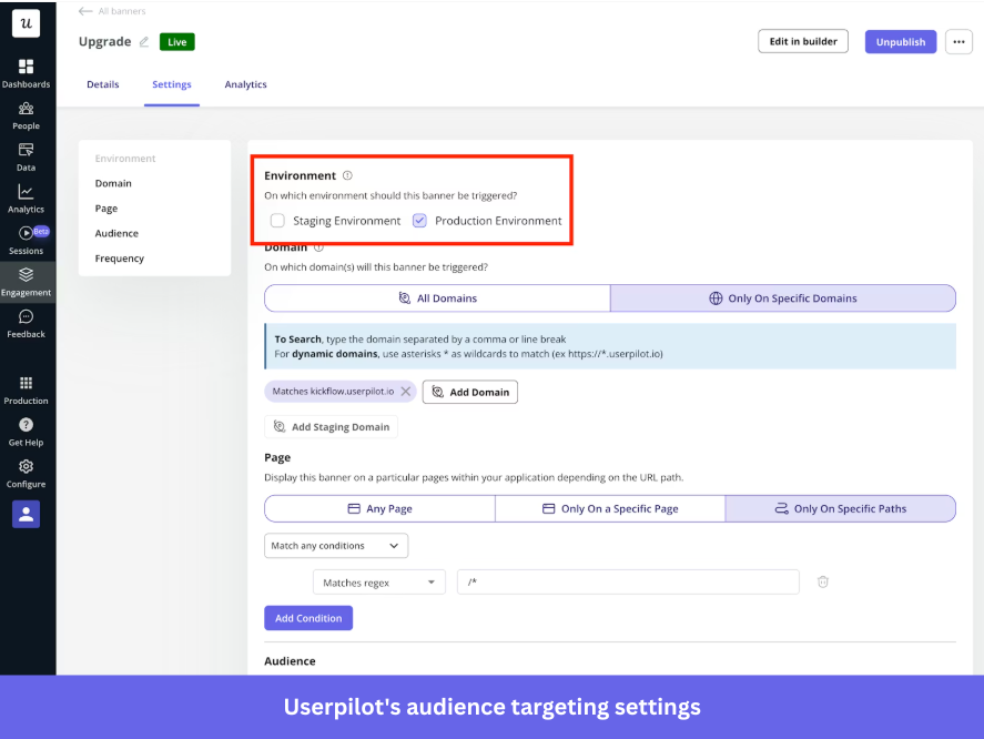 Userpilot's configuration options to target the right audience.