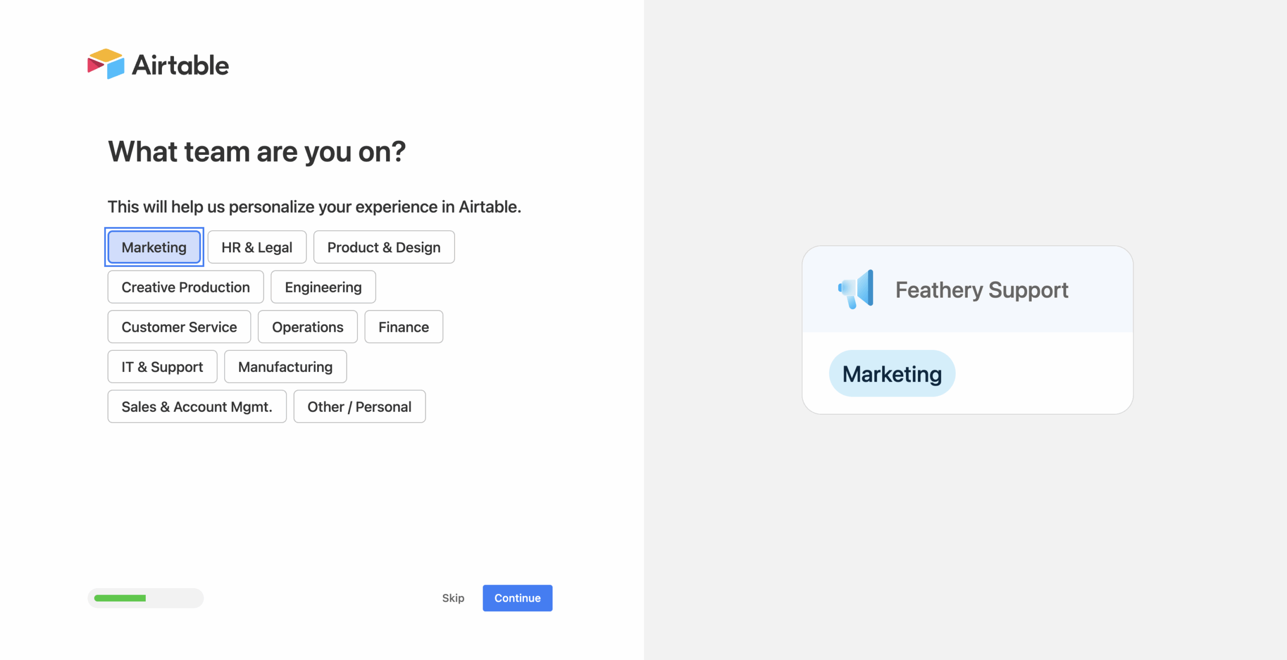Airtable's personalized onboarding screen.