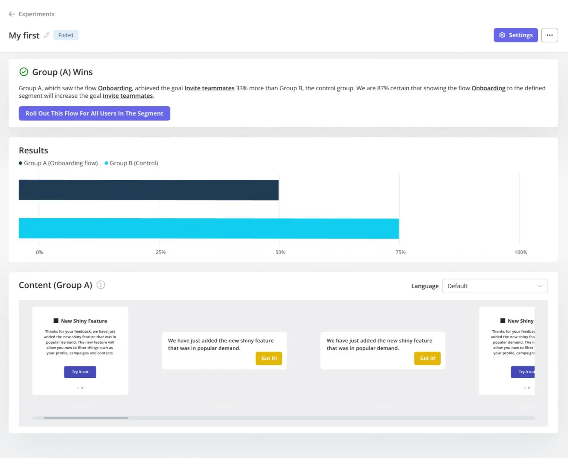 Results of an A/B test on an onboarding flow.