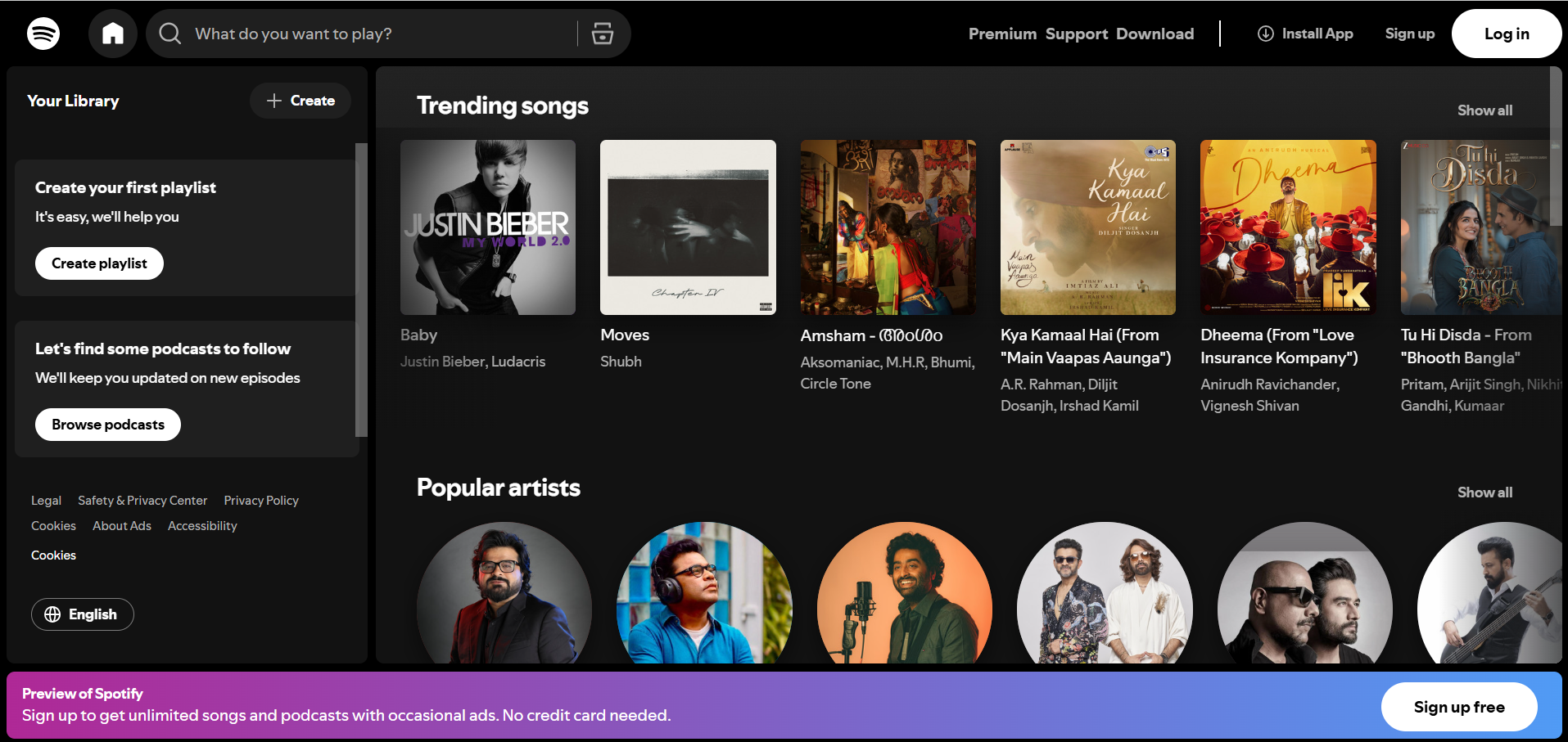 Spotify's notification banner placed at bottom.