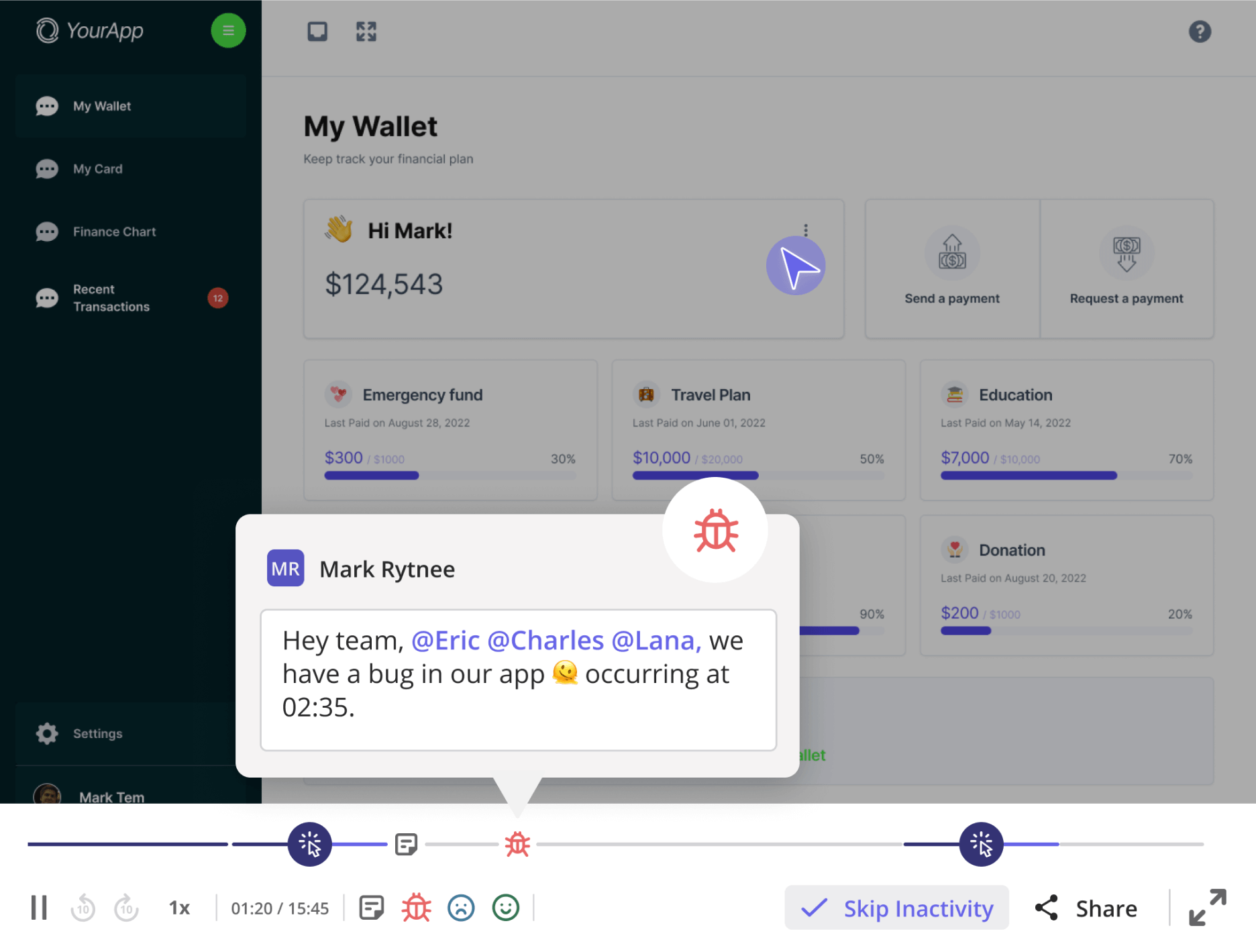 Team members leaving timestamped comments inside a session replay in Userpilot