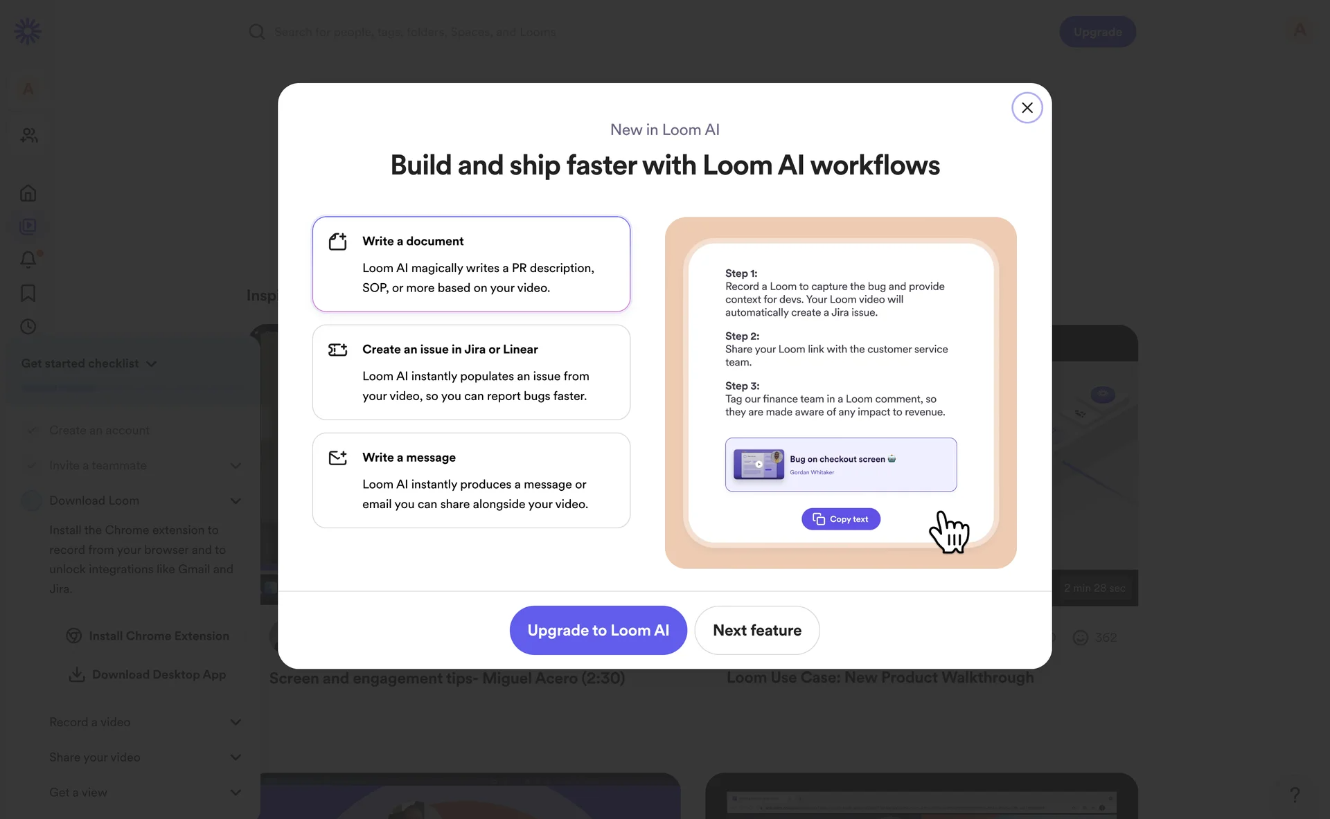 Loom's onboarding prompting users to record their first video.