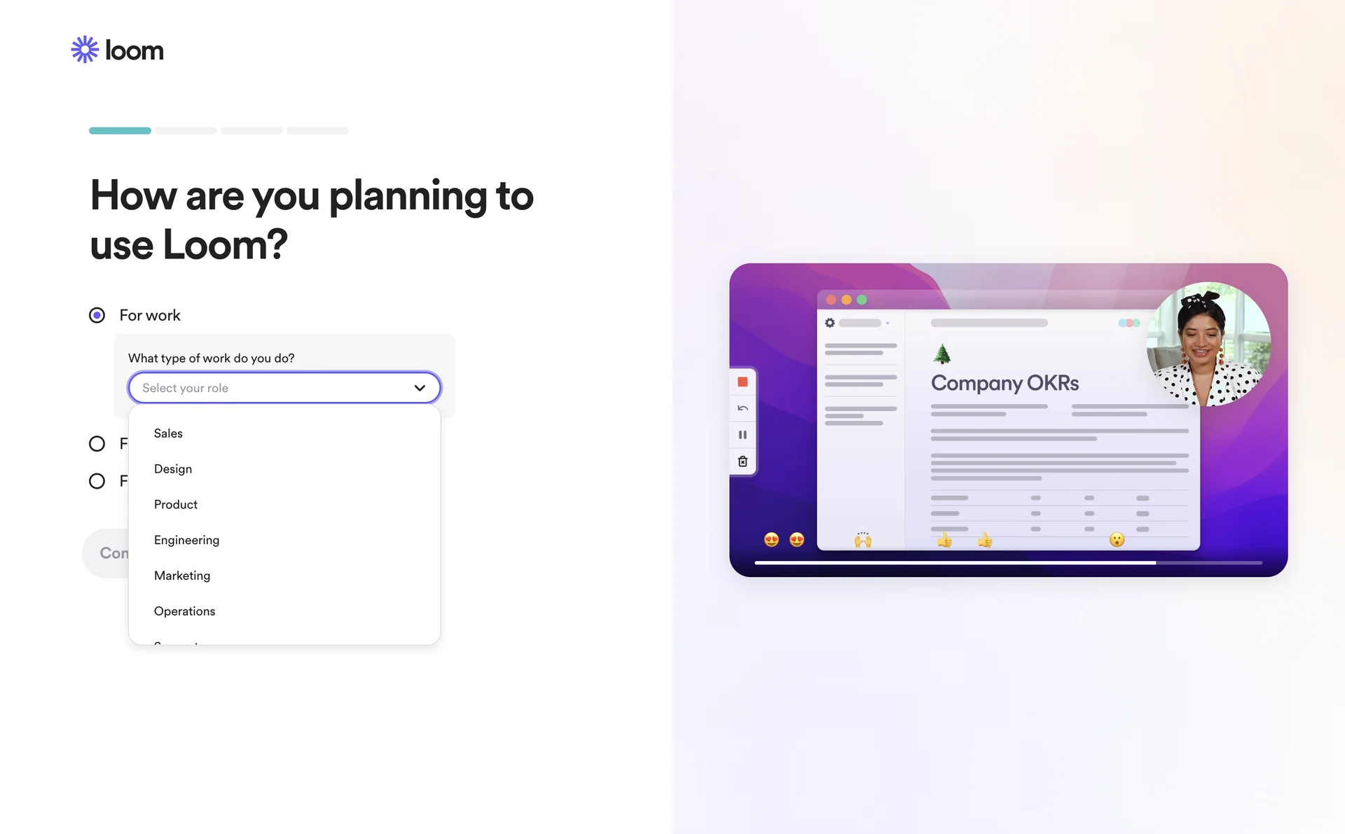 Loom's onboarding prompting users to record their first video.