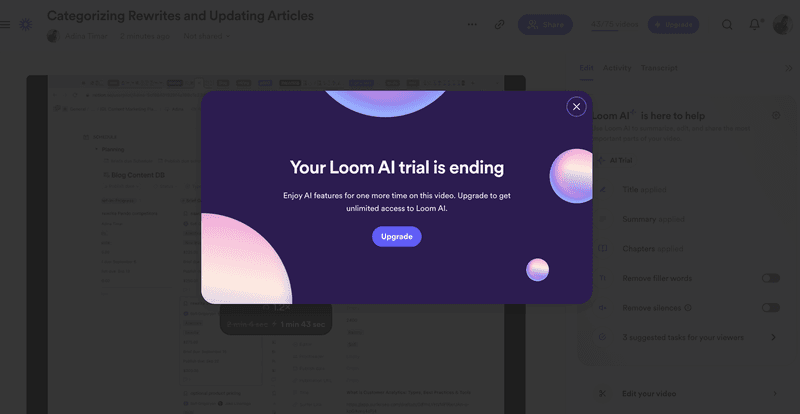 Loom contextual upgrade prompt showing behaviour-triggered messaging