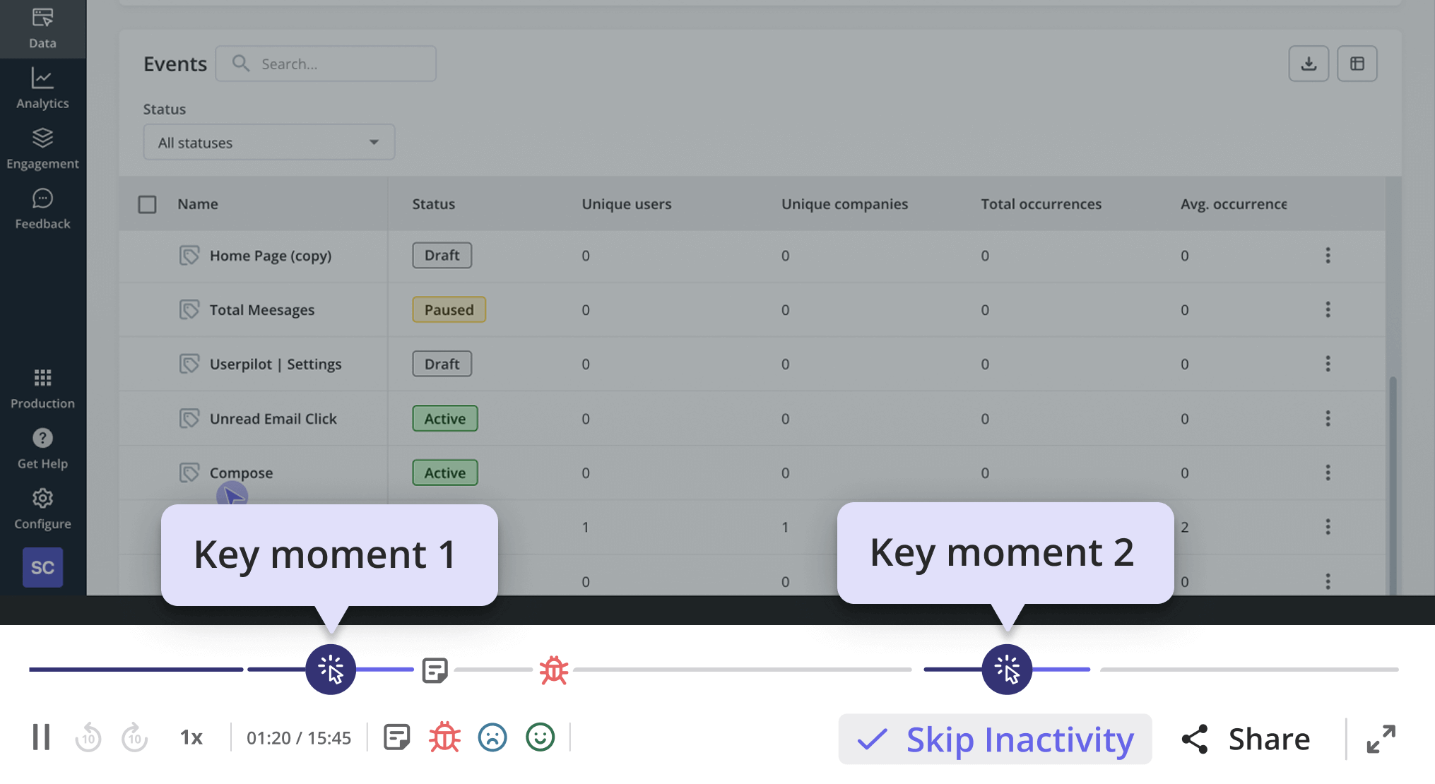 Record and replay user sessions in Userpilot to analyze user journeys, identify friction points, troubleshoot issues, and make data-driven product improvements.