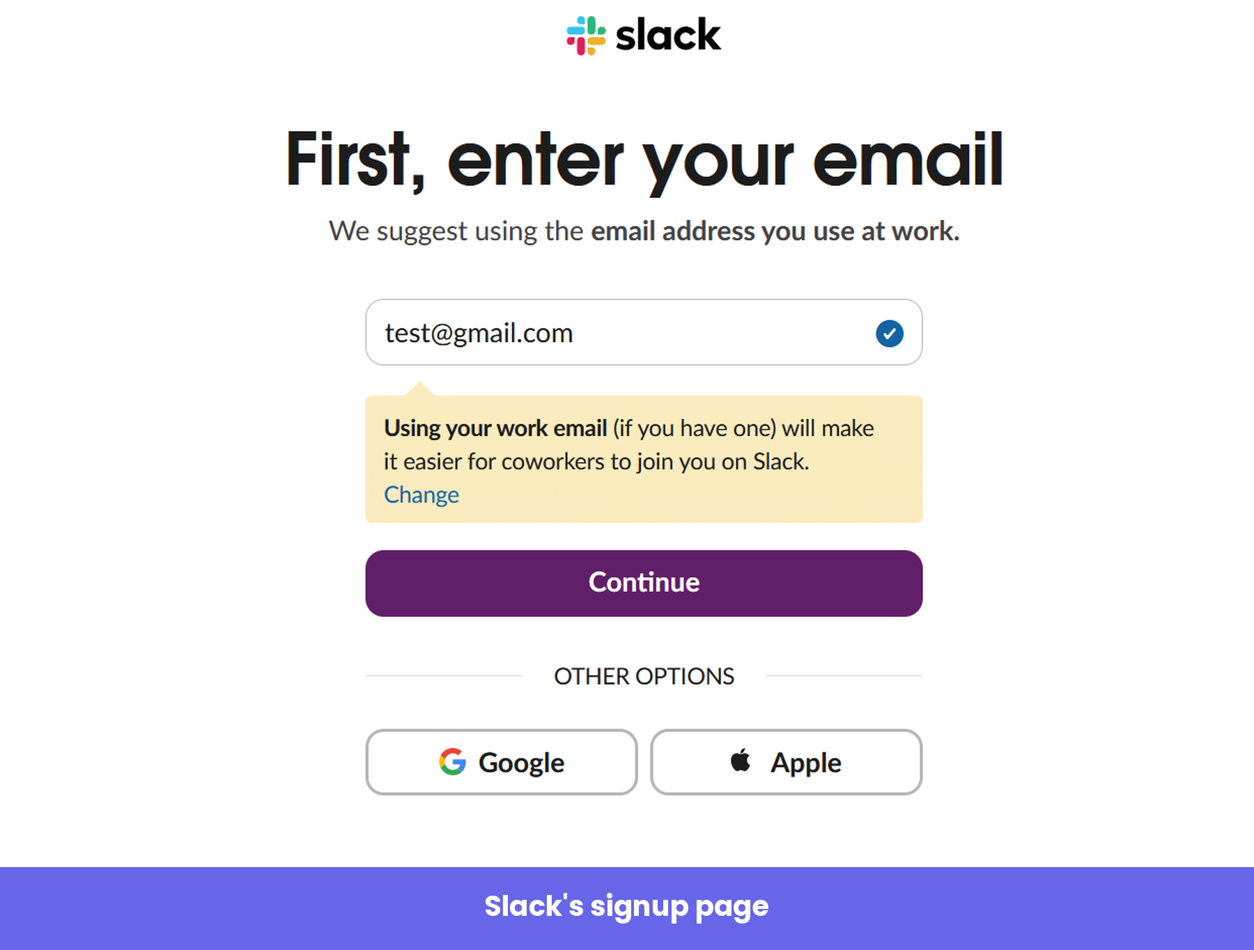 Slack's signup page